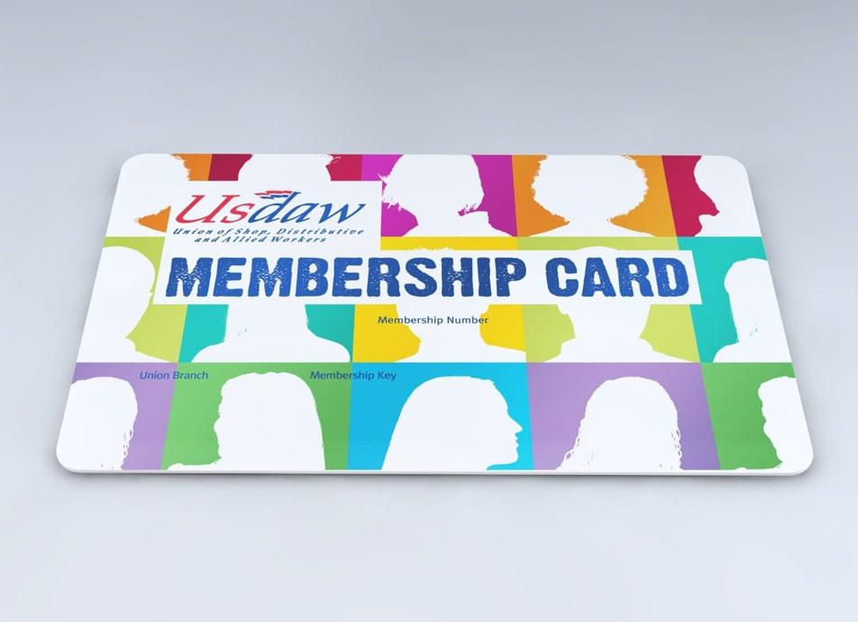 Usdaw Membership Card with blue text and multicoloured blacks