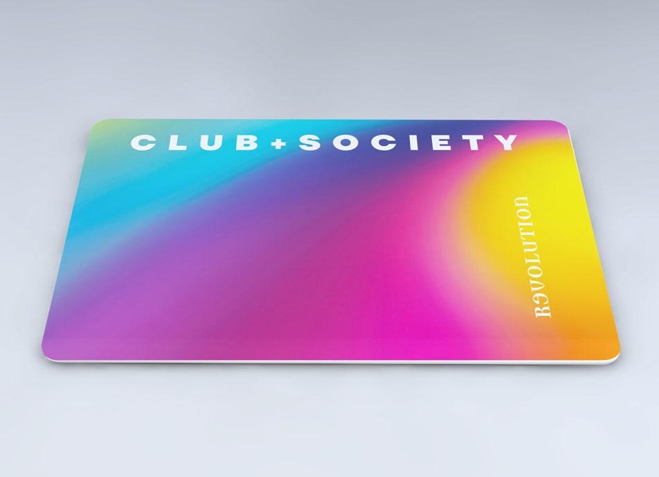 multicoloured Revolution loyalty card with white logo and text